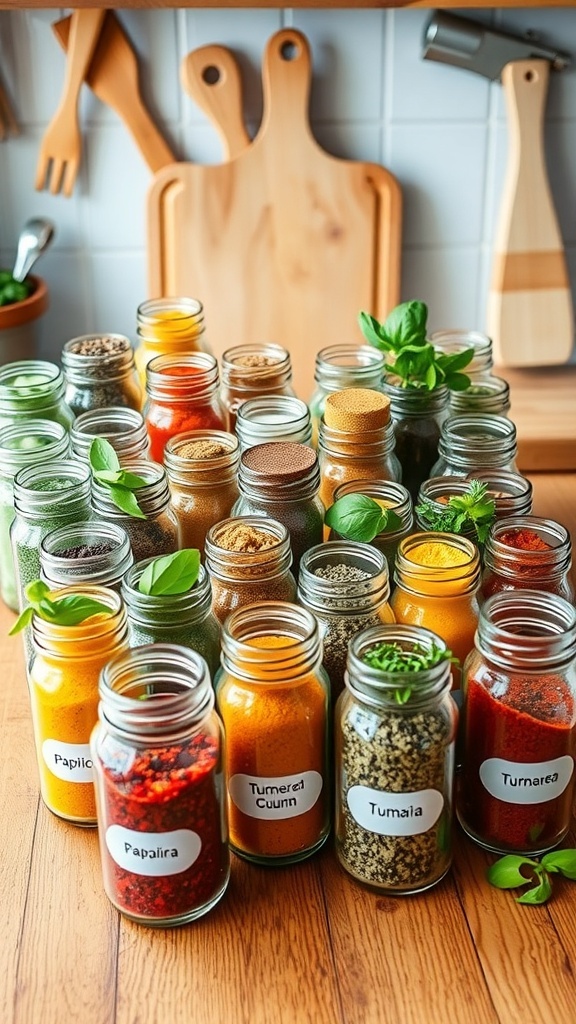 A collection of spices and herbs in jars on a wooden counter, labeled and ready for use in cooking.